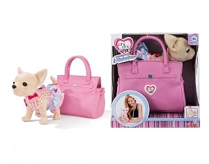 Плюшевая собачка Чихуахуа, в платье и с браслетом, в розовой сумочке